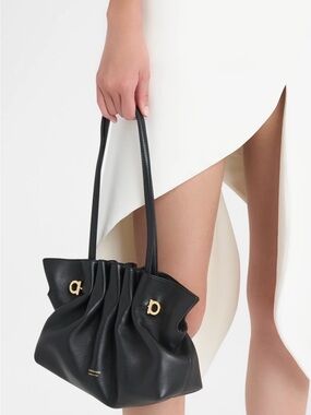 LIKE NEW Salvatore Ferragamo Small Gancio Black Leather Bag w/ Gold Hardware